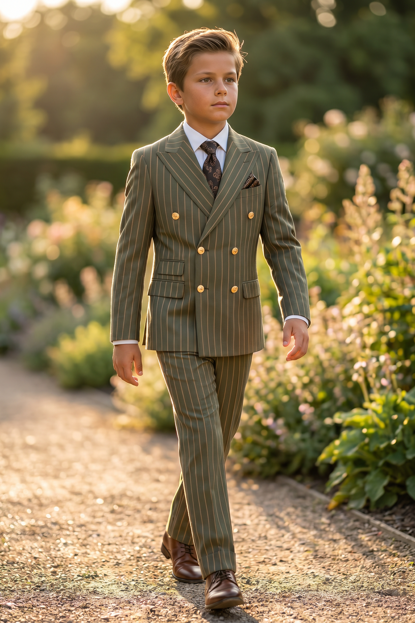 Olive Green And Gold Pinstripe Double-Breasted 2-Piece Suit