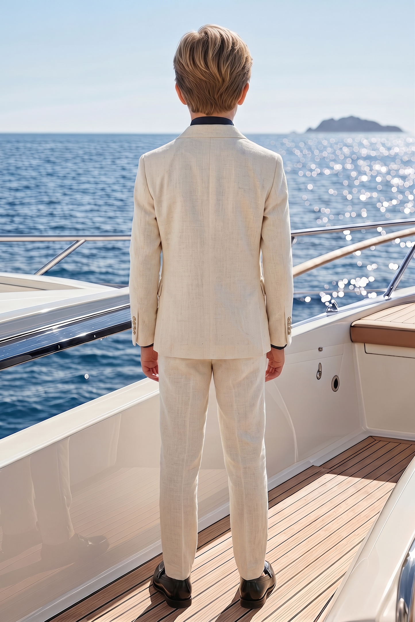 Beige And Navy Lapel Linen-Blend Double-Breasted 2-Piece Suit