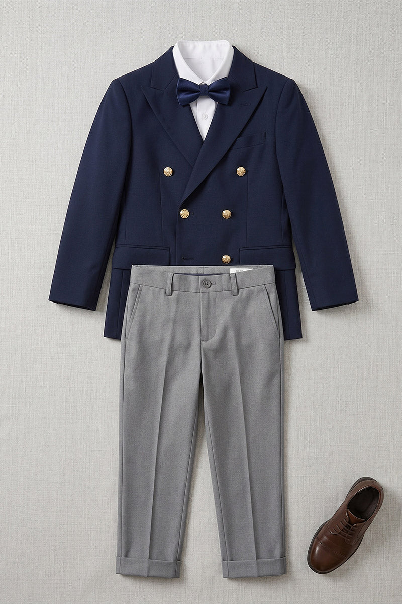 Boys Navy Double-Breasted Blazer with Grey Trousers 2-Piece Suit