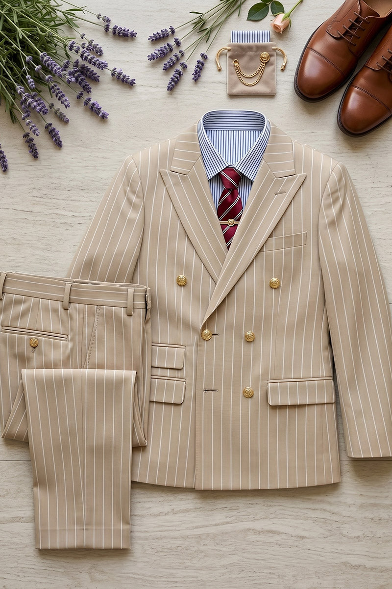 Boys Beige Pinstripe Double-Breasted 2-Piece Suit
