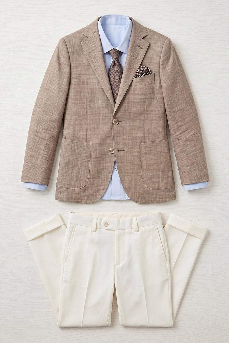 Boys Brown Linen-Blend Blazer with White Trousers 2-Piece Suit