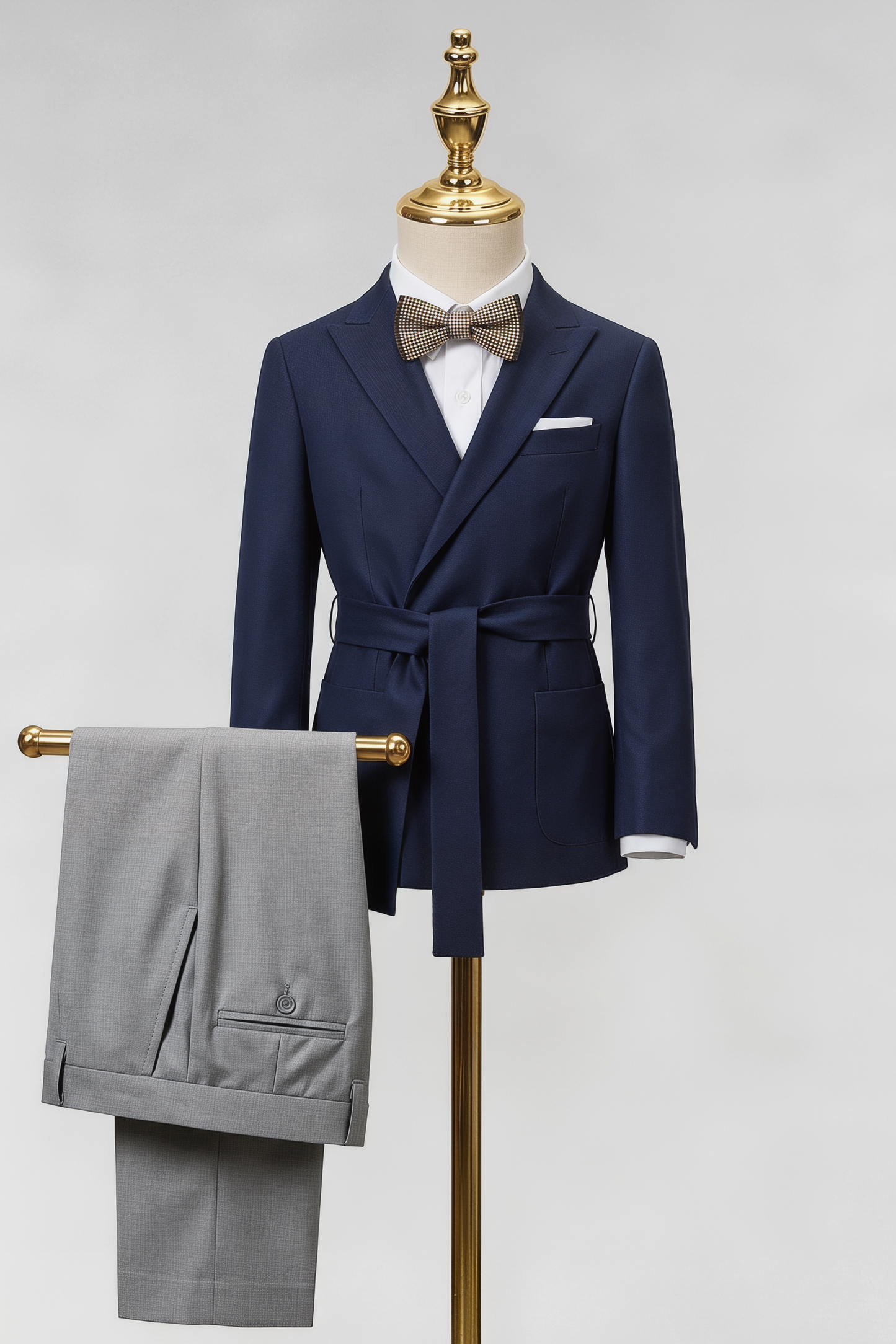 Navy Blue And Gray Cotton Linen Belted 2-Piece Suit