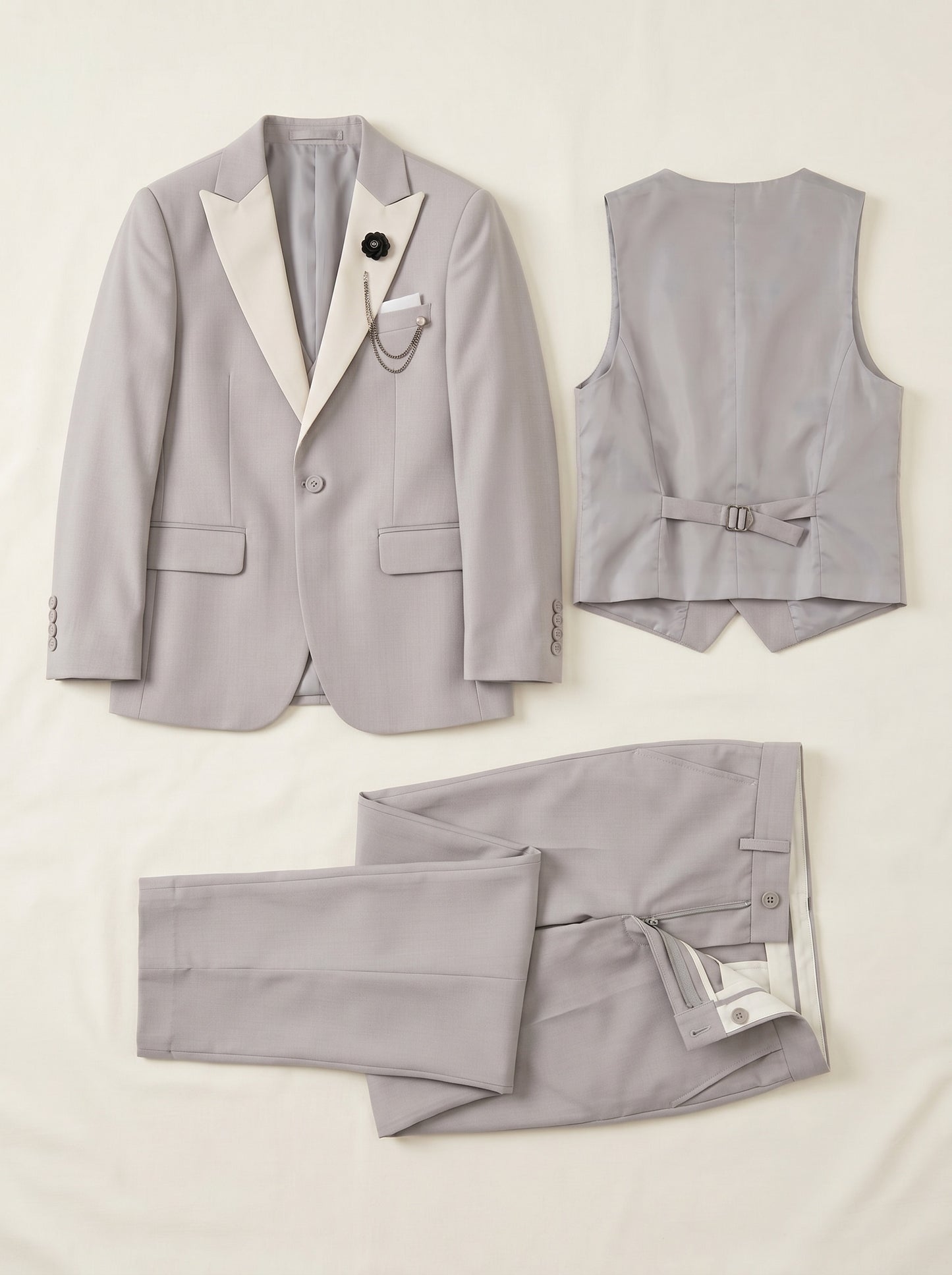 Boys Grey Tuxedo with Ivory Lapels 3-Piece Suit for Weddings & Formal Events