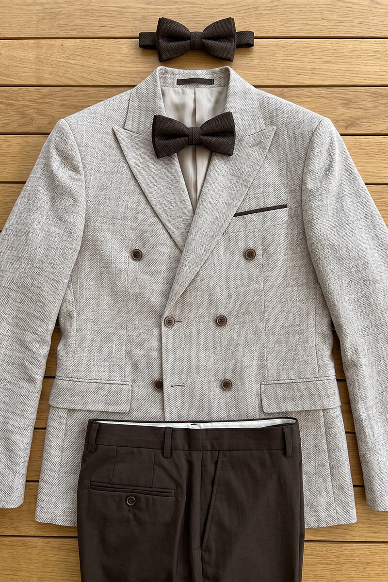 Boys Beige Double-Breasted Blazer with Brown Trousers 2-Piece Suit