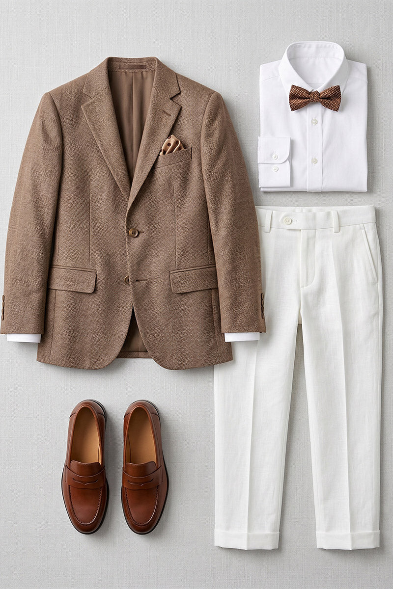 Boys Brown Linen-Blend Blazer with White Trousers 2-Piece Suit