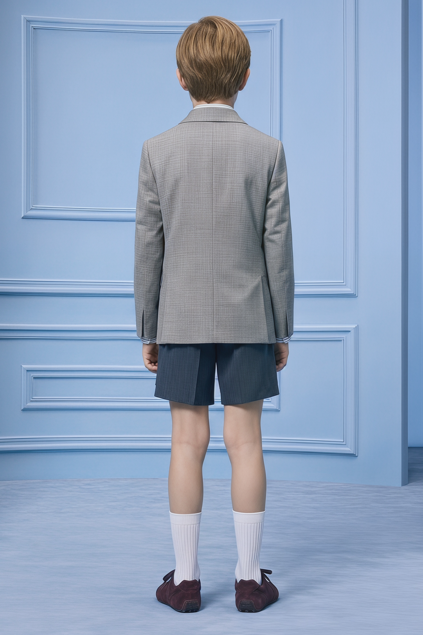 Gray and Navy Blue Cotton Linen Short 2-Piece Suit