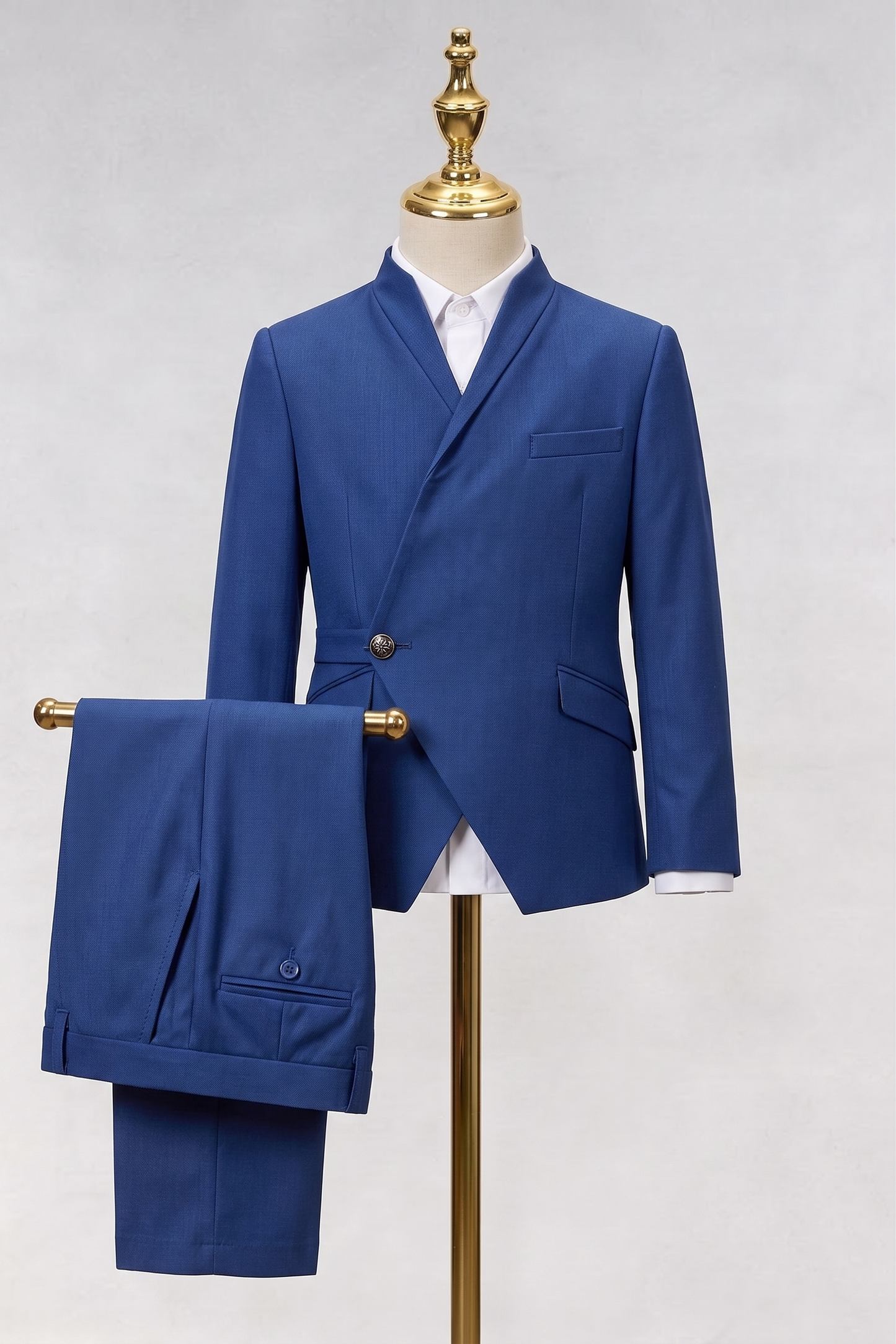 Dark Blue Cotton Linen Tie Buttons 2-Piece Suit