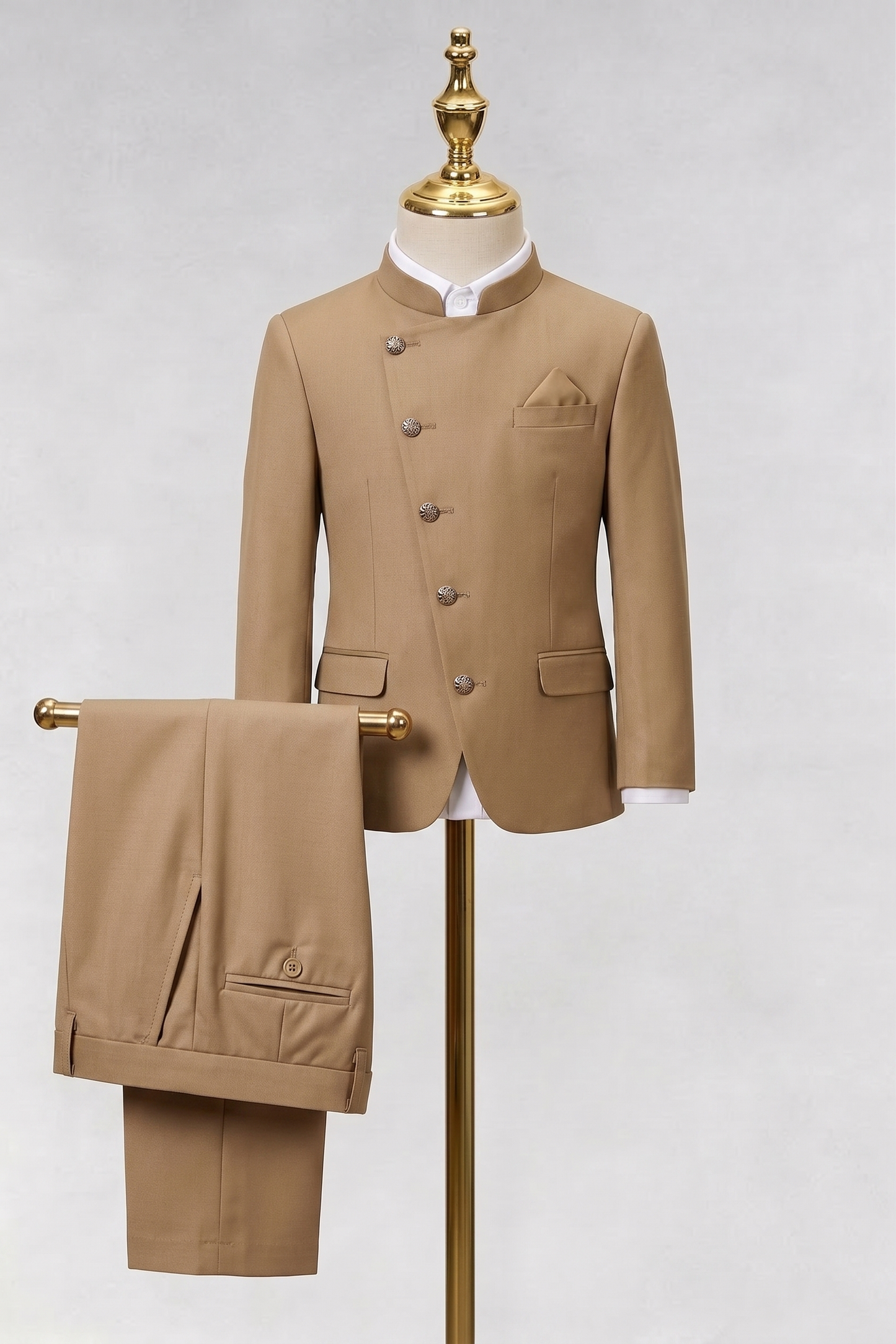 Light Brown Cotton Linen Crew Neck 2-Piece Suit