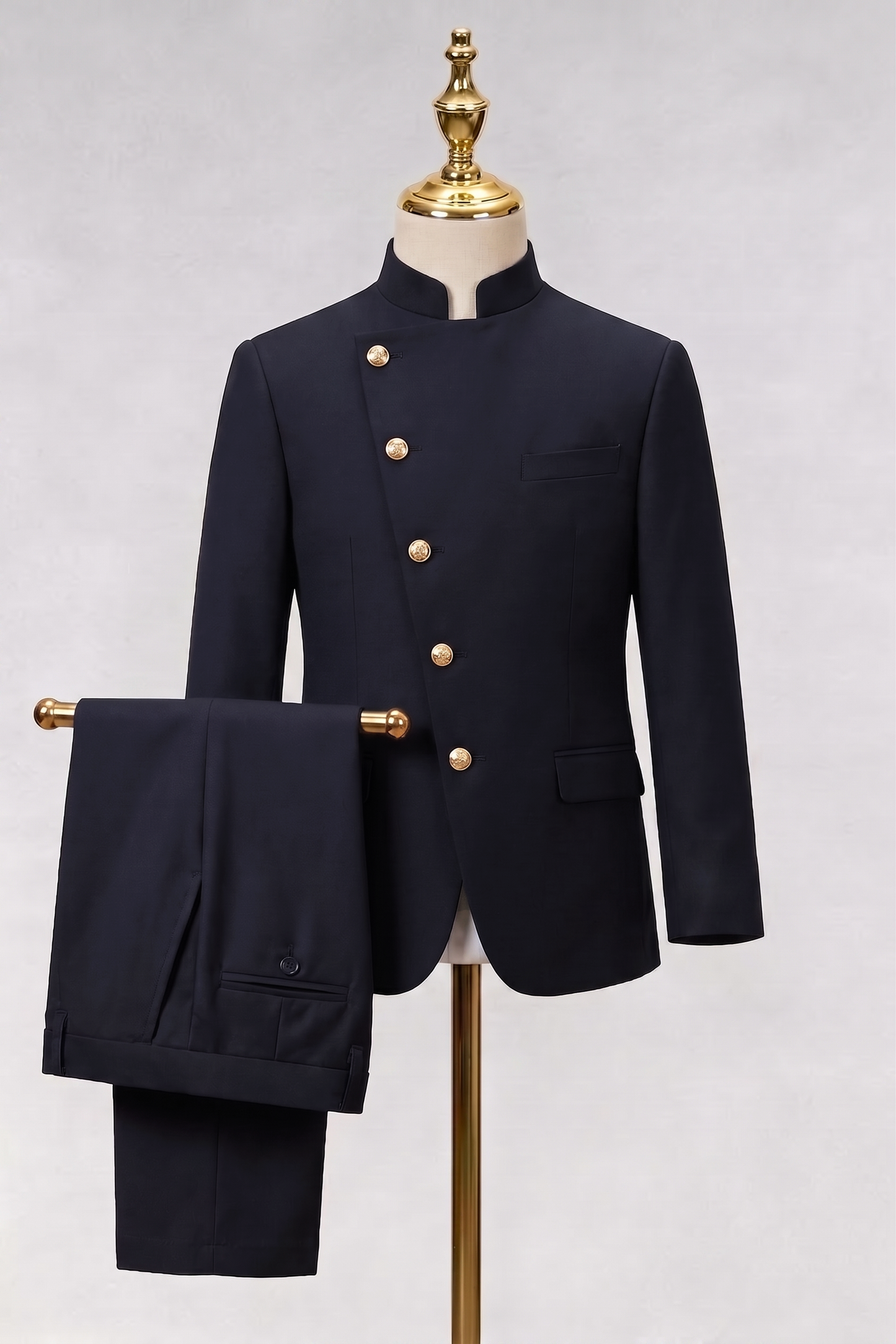 Black Cotton Linen Asymmetrical Placket 2-Piece Suit