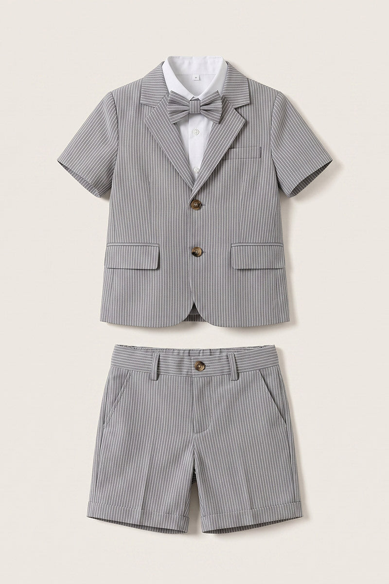 Boys Grey Striped Short-Sleeve Blazer & Shorts 2-piece Suit
