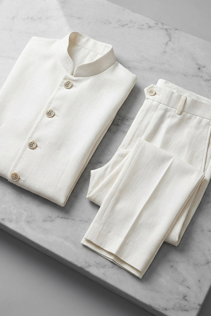 Boys Ivory Mandarin Collar 2-Piece Suit for Weddings & Formal Events