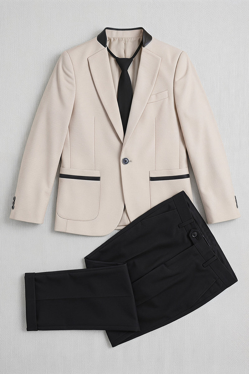 Boys Beige Blazer with Black Trousers 2-Piece Suit