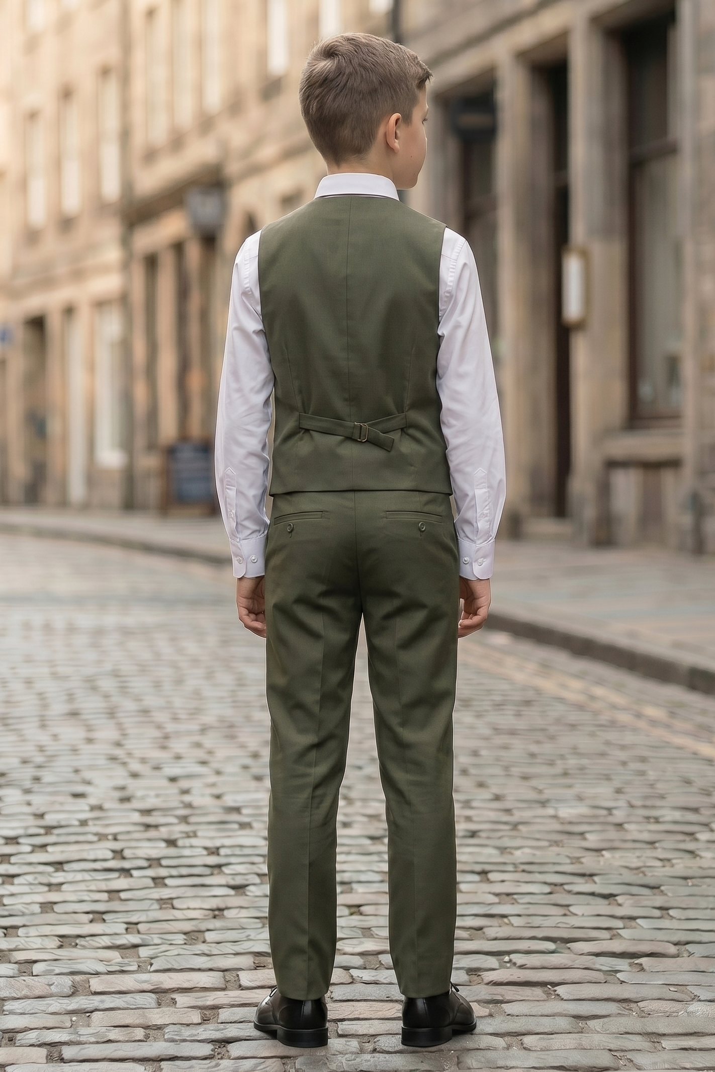 Olive Green Serge Double-Breasted Vest 2-Piece Set