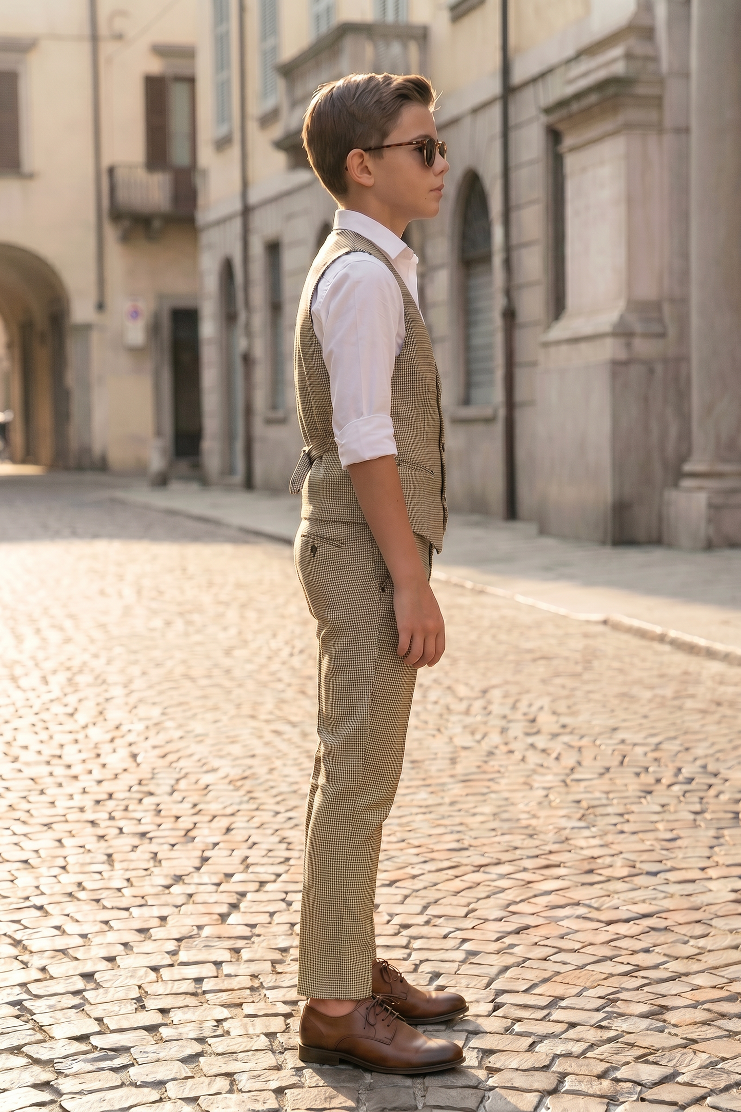 Light Brown Houndstooth Double-Breasted Vest 2-Piece Set