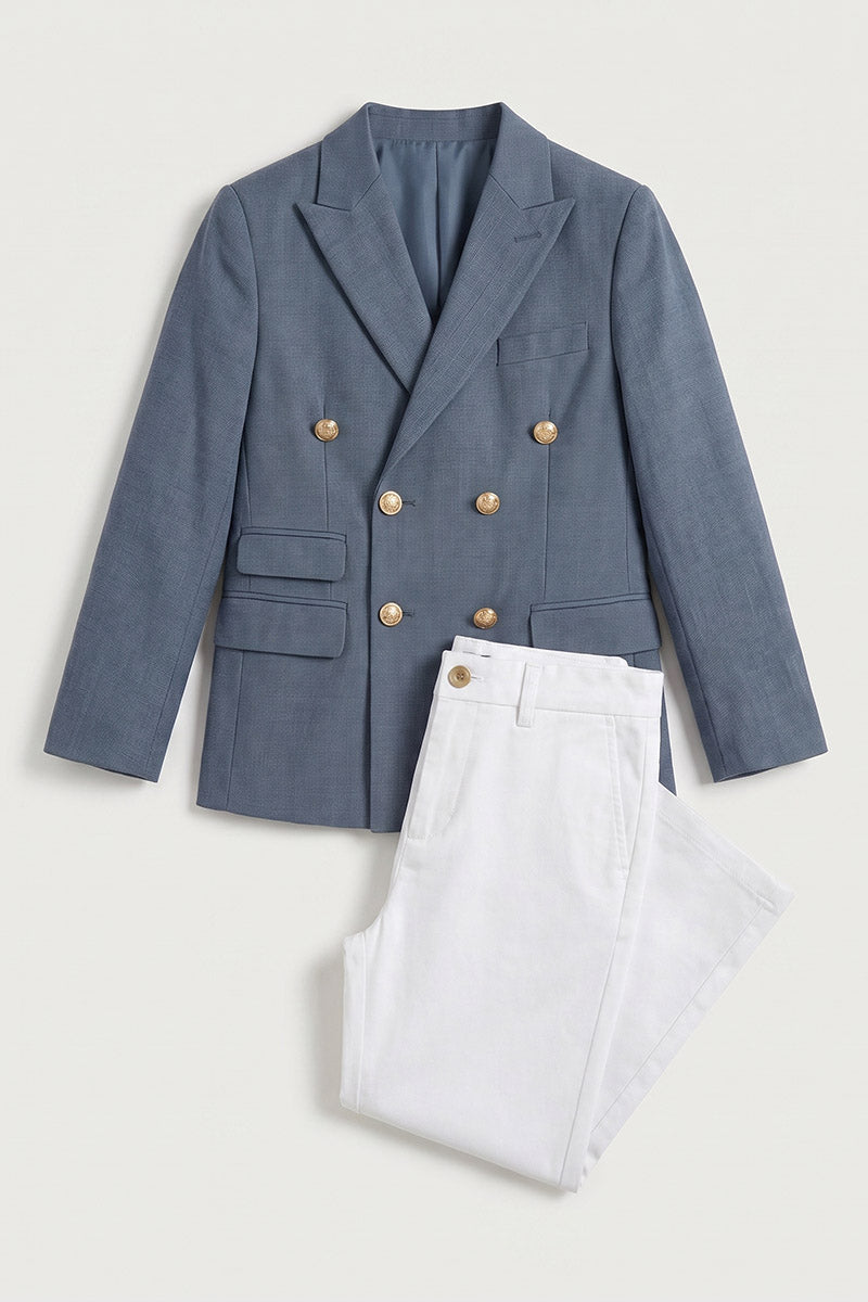 Boys Blue Double-Breasted Blazer & White Trousers 2-Piece Suit
