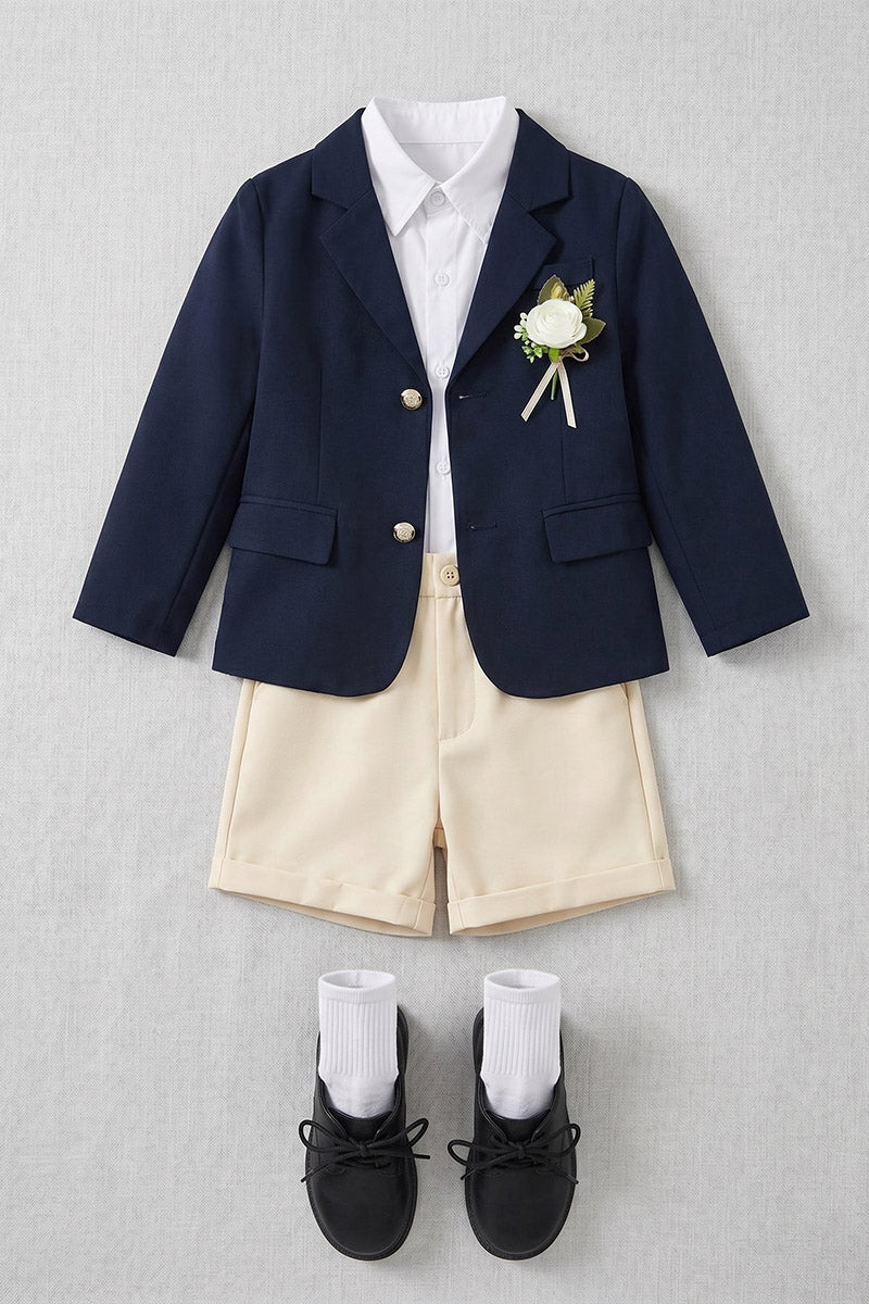 Boys Navy Blazer & Beige Shorts 2-piece Suit