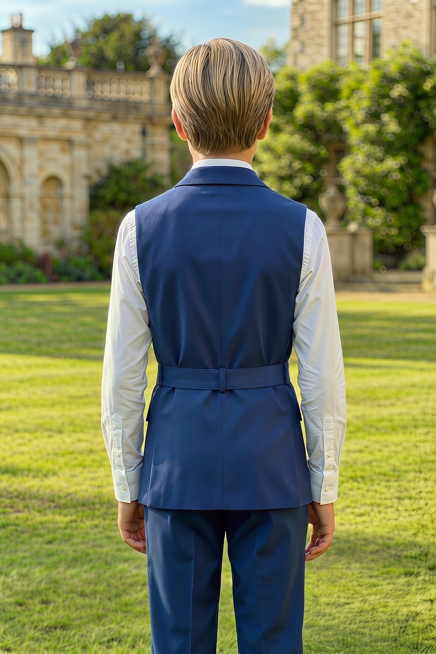 Navy Blue Serge Sleeveless Single-Breasted Vest 2-Piece Set