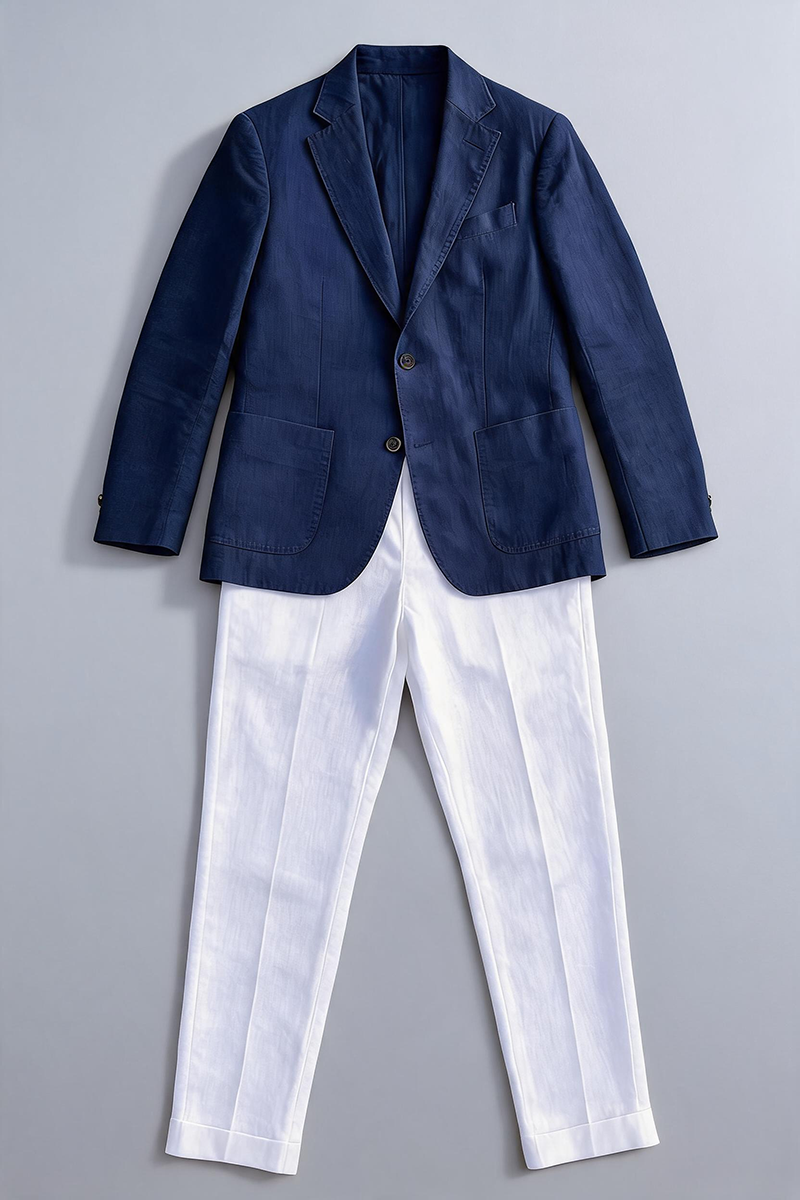 Boys Navy Linen Blazer & White Trousers 2-Piece Suit