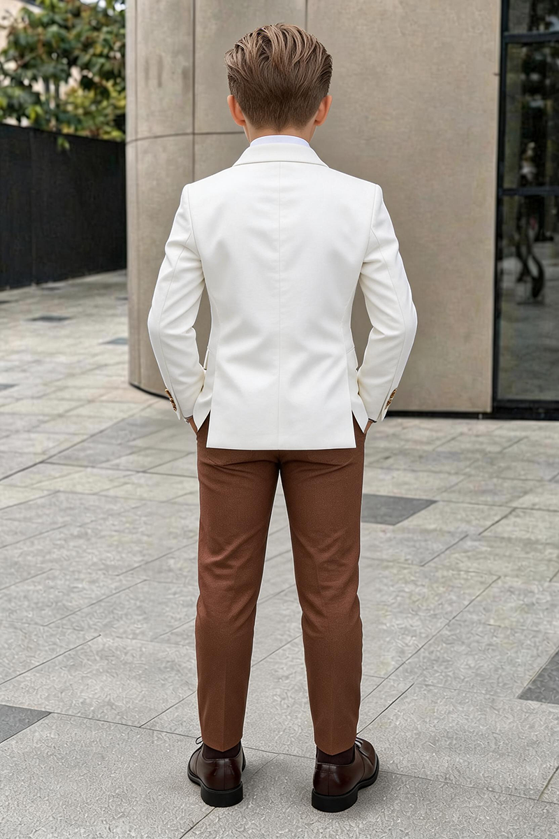 Boys White Double-Breasted Blazer & Brown Trousers 2-Piece Suit