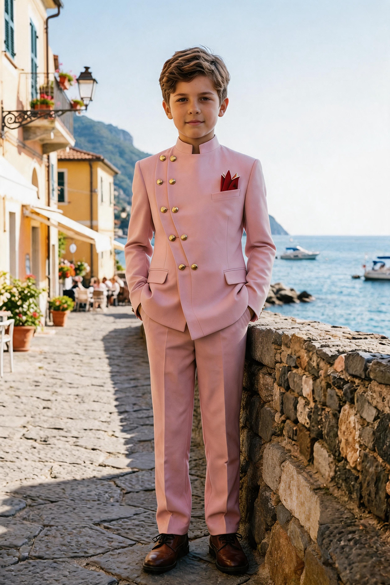 Boys Blush Mandarin Collar Asymmetric Gold Button 2-Piece Suit