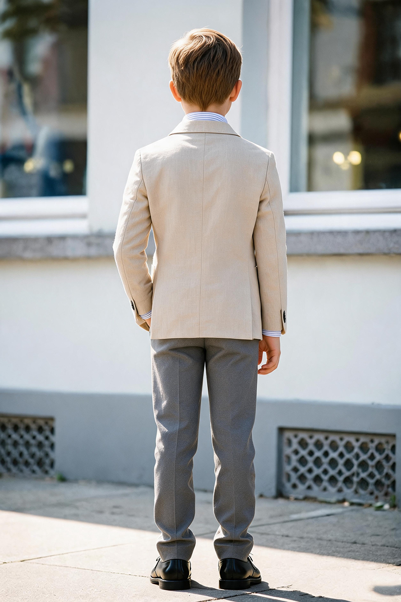 Boys Beige Notch Lapel Linen Blazer with Grey Trousers 2-Piece Suit