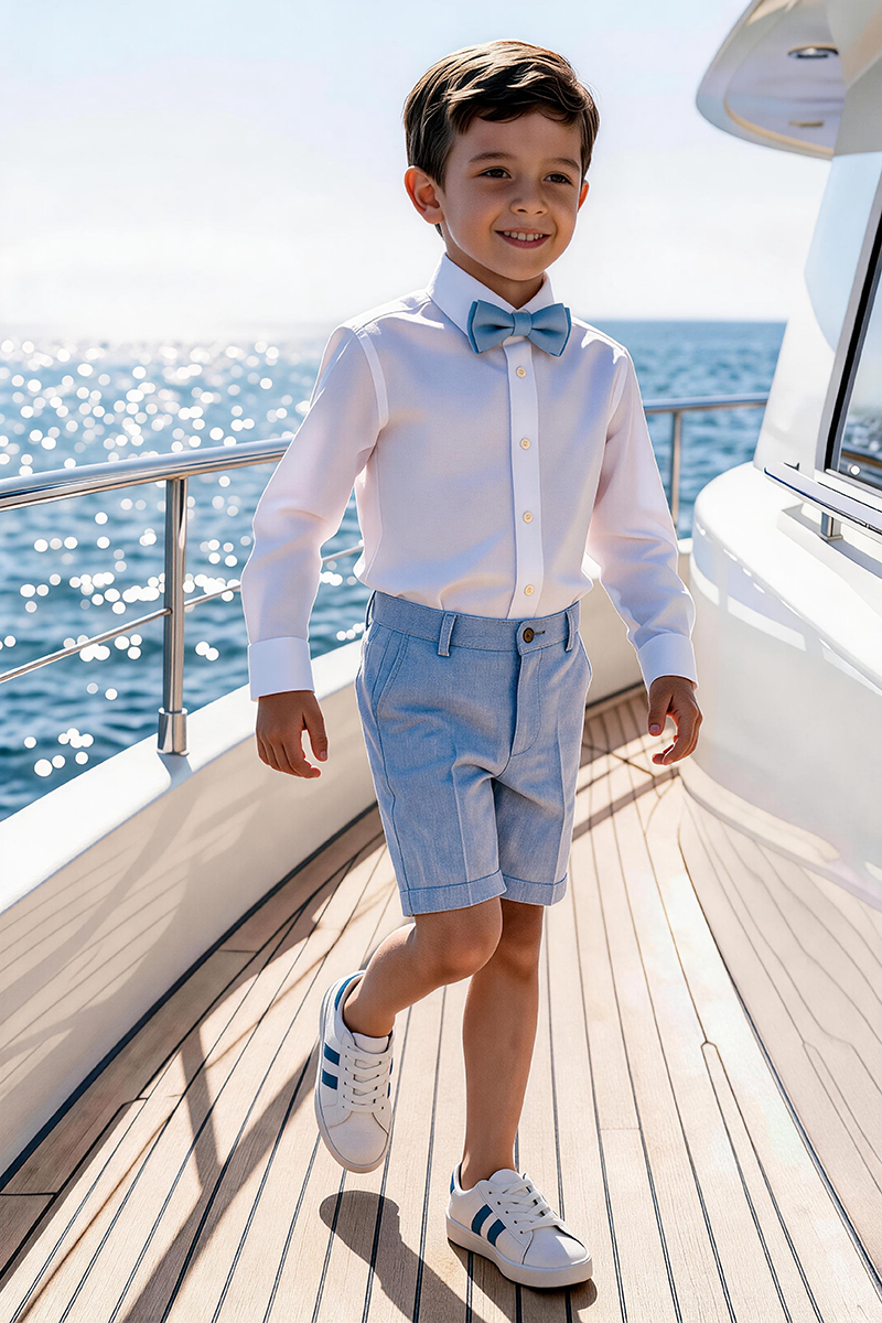 Boys White Long Sleeve Shirt & Light Blue Cuffed Shorts 2-Piece Set