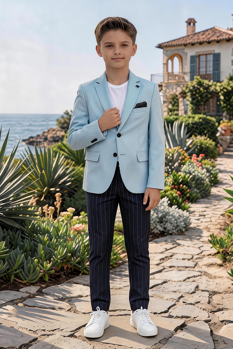 Boys Light Blue Notch Lapel Blazer & Navy Pinstripe Trousers 2-Piece Suit