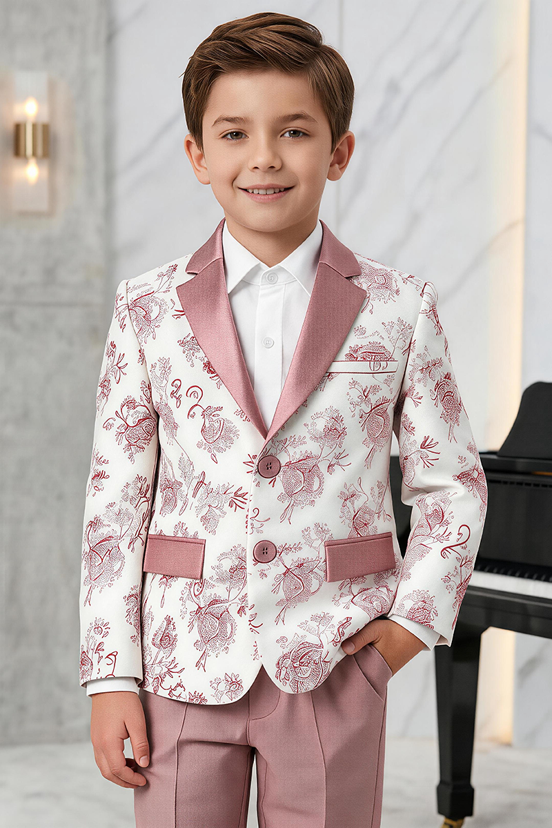 Boys White Floral Printed Notch Lapel Blazer & Dusty Pink Trousers 2-Piece Suit