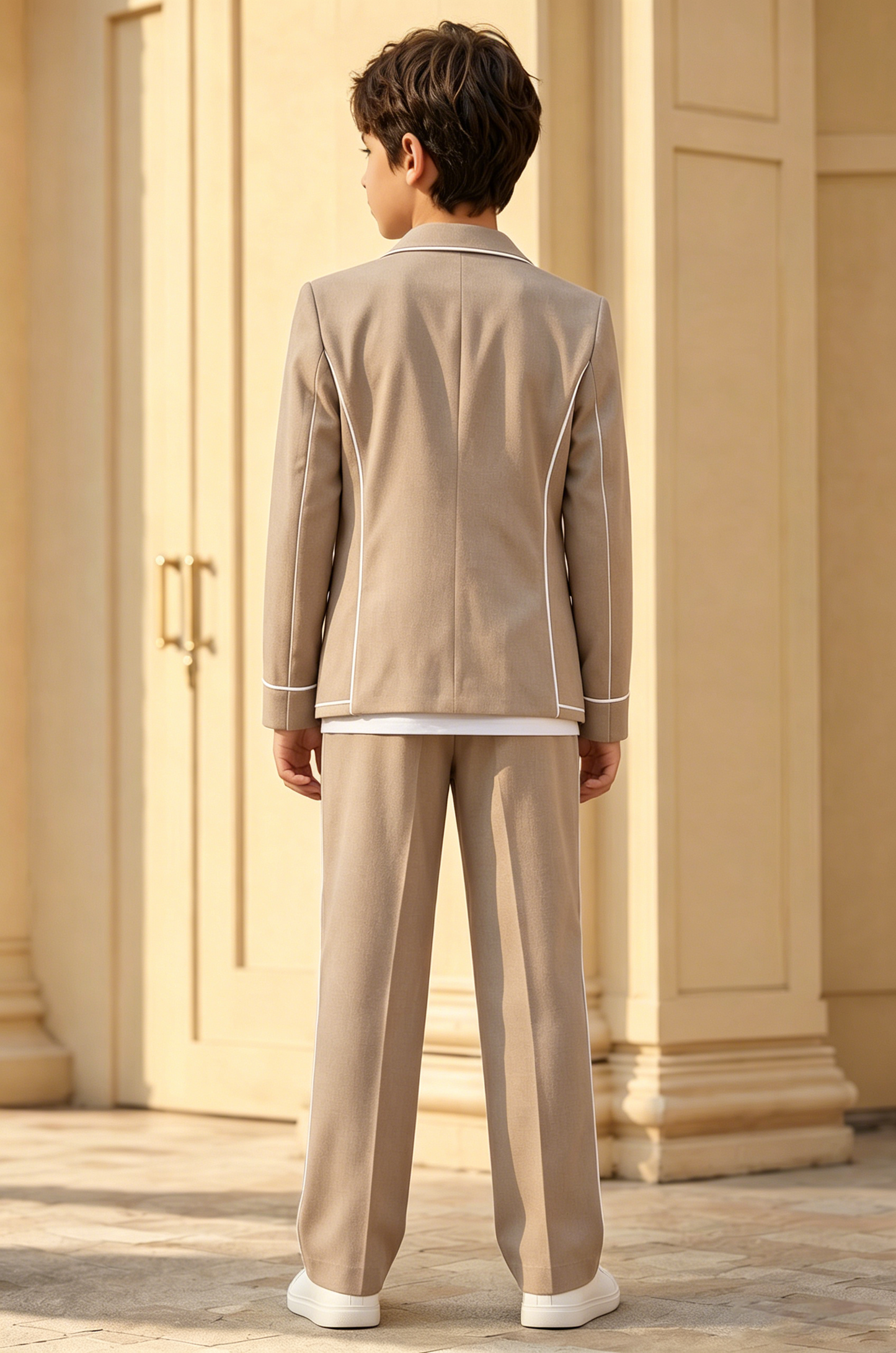 Light Coffee Cotton-Linen Blend White Piped Double-Breasted 2-Piece Suit