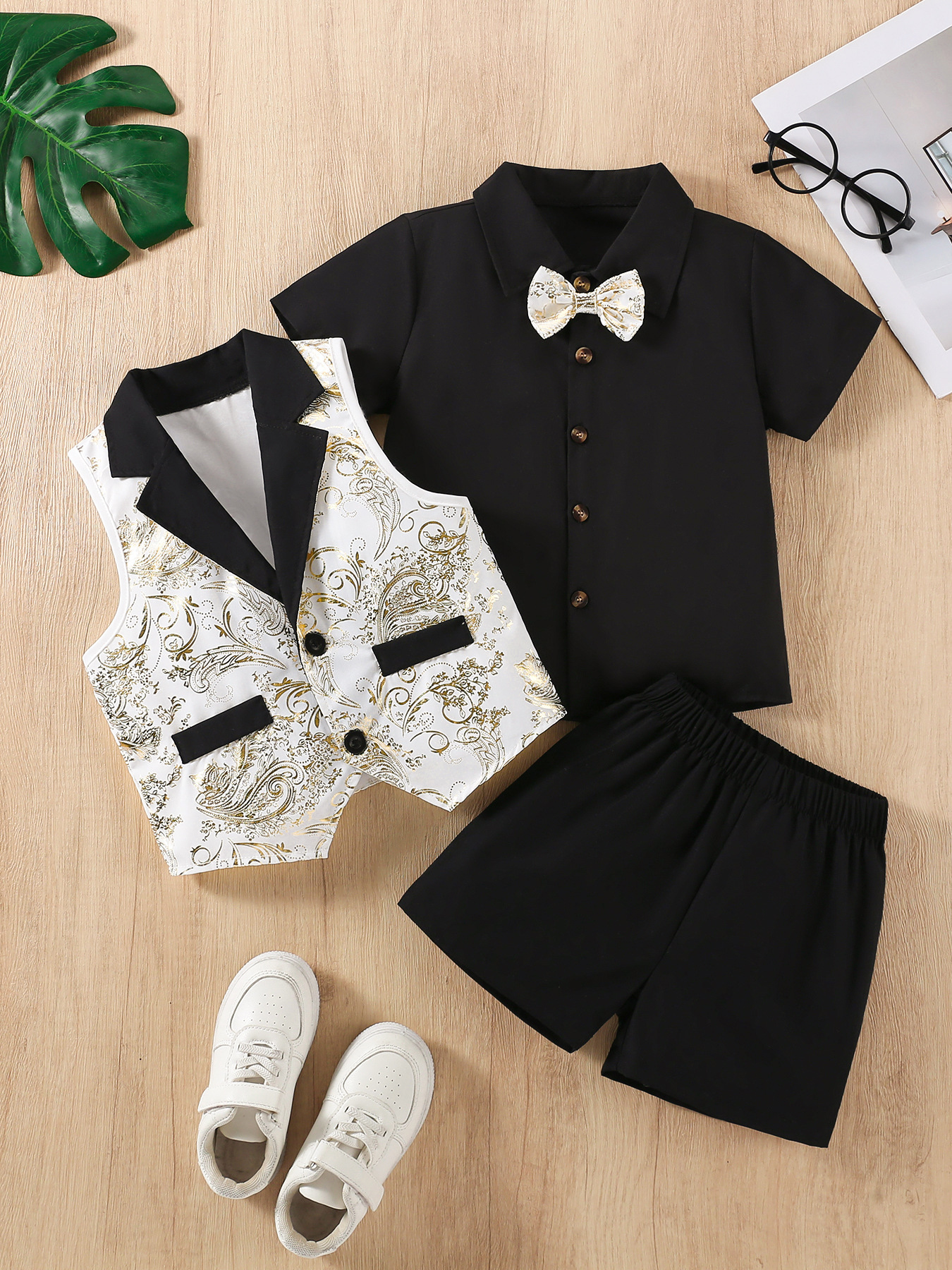 Black & White Serge-Blend Gold Foil Print 3-Piece Set (Shirt + Waistcoat + Shorts)