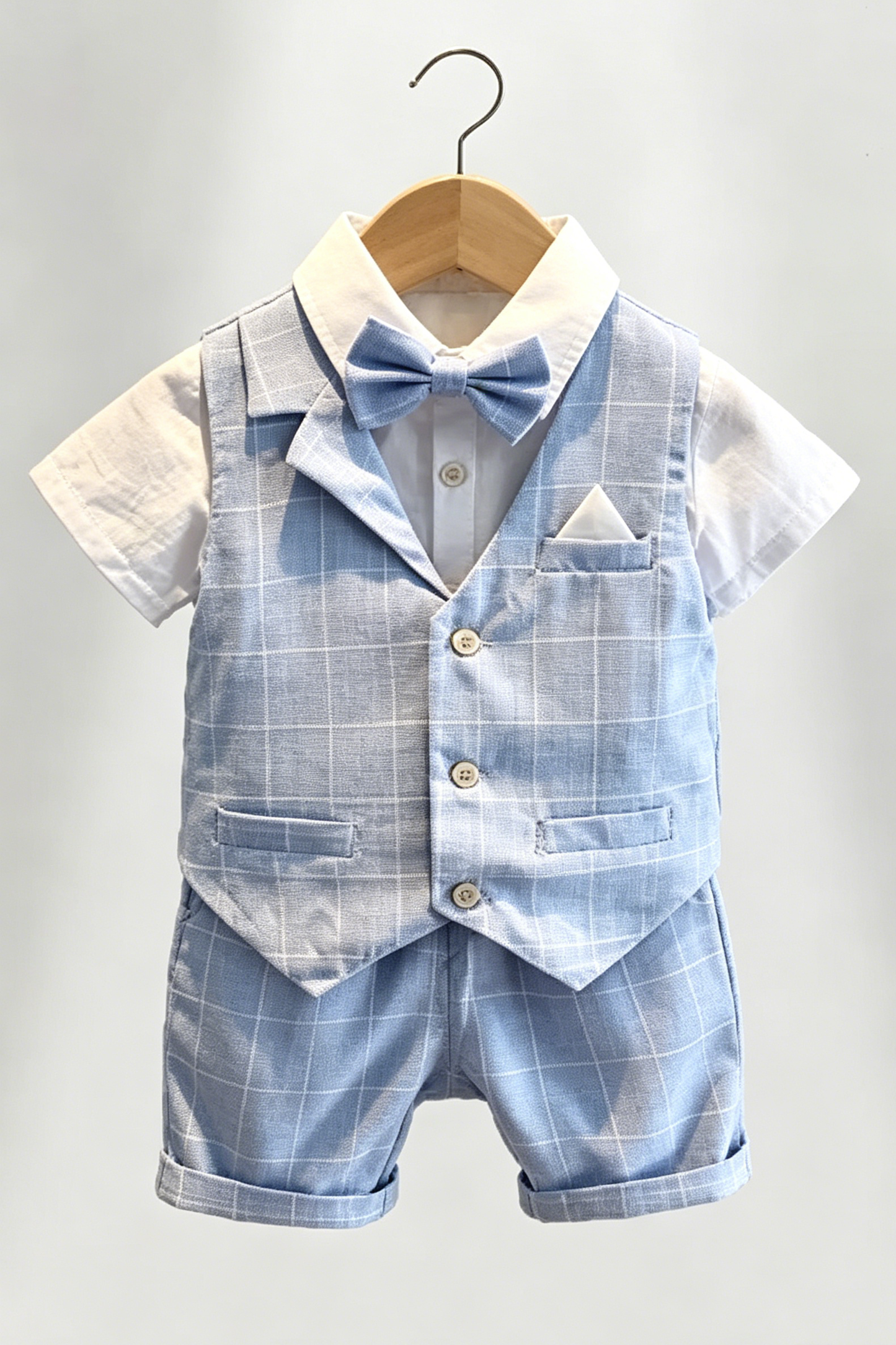 Light Blue Grid Serge-Blend Notched Lapel Single-Breasted 4-Piece Suit