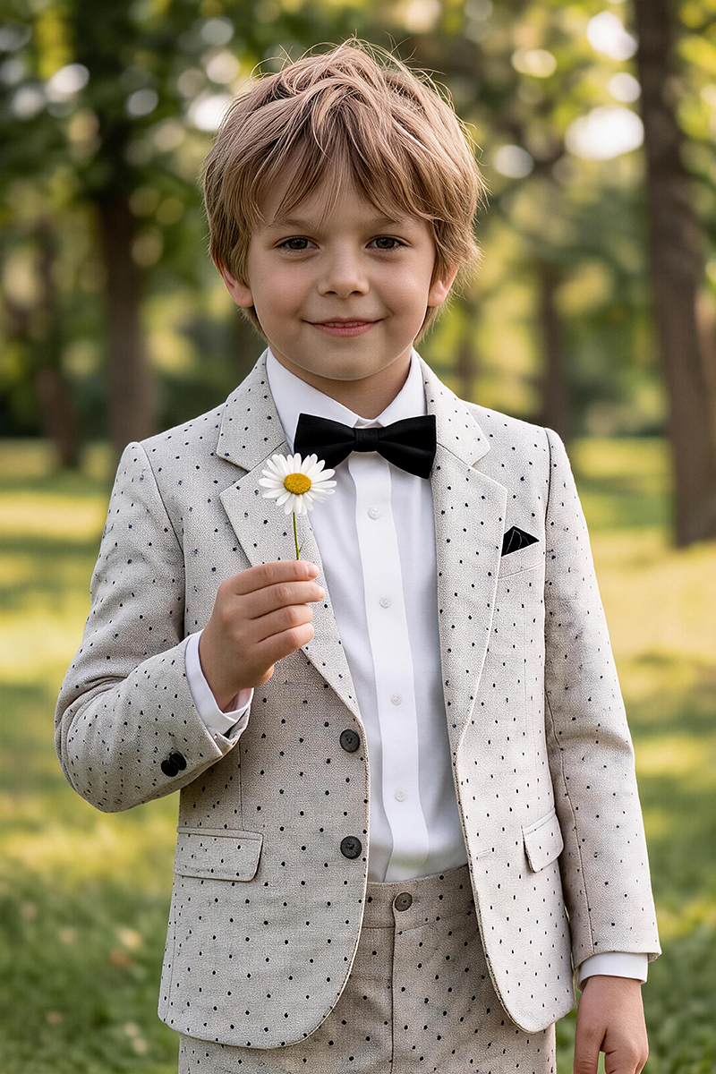 Boys Beige Polka Dot Notch Lapel Blazer & Trousers 2-Piece Suit