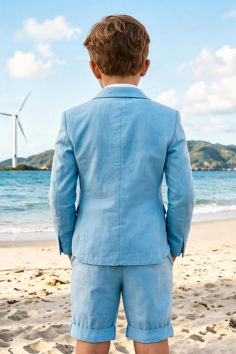 Boys Sky Blue Linen Double Breasted Blazer & Shorts 2-piece Suit