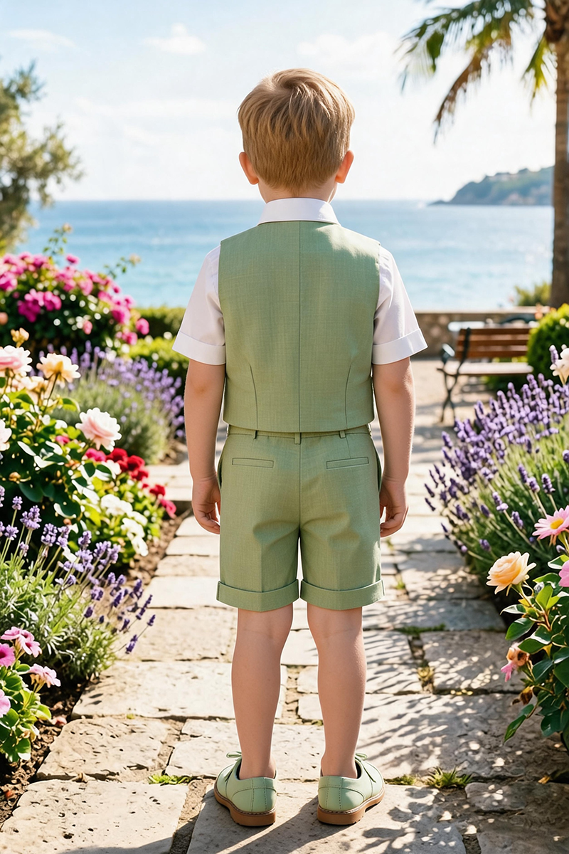 Boys Sage Notch Lapel Waistcoat & Cuffed Shorts 2-Piece Suit