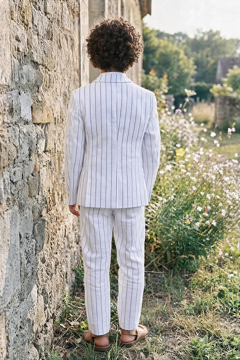 Boys White Thin Stripe Linen Double Breasted Blazer & Trousers 2-Piece Suit