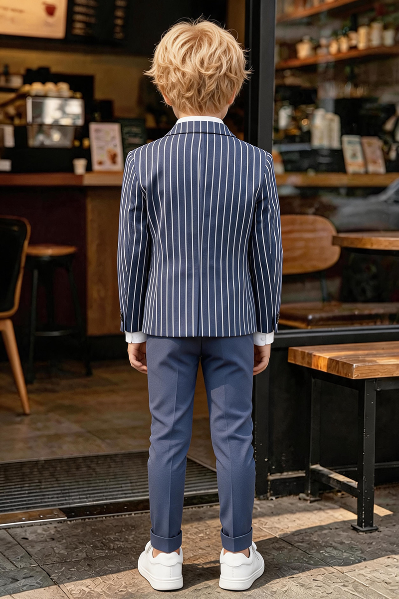 Boys Navy White Pinstripe Notch Lapel Blazer & Solid Cuffed Trousers 2-Piece Suit