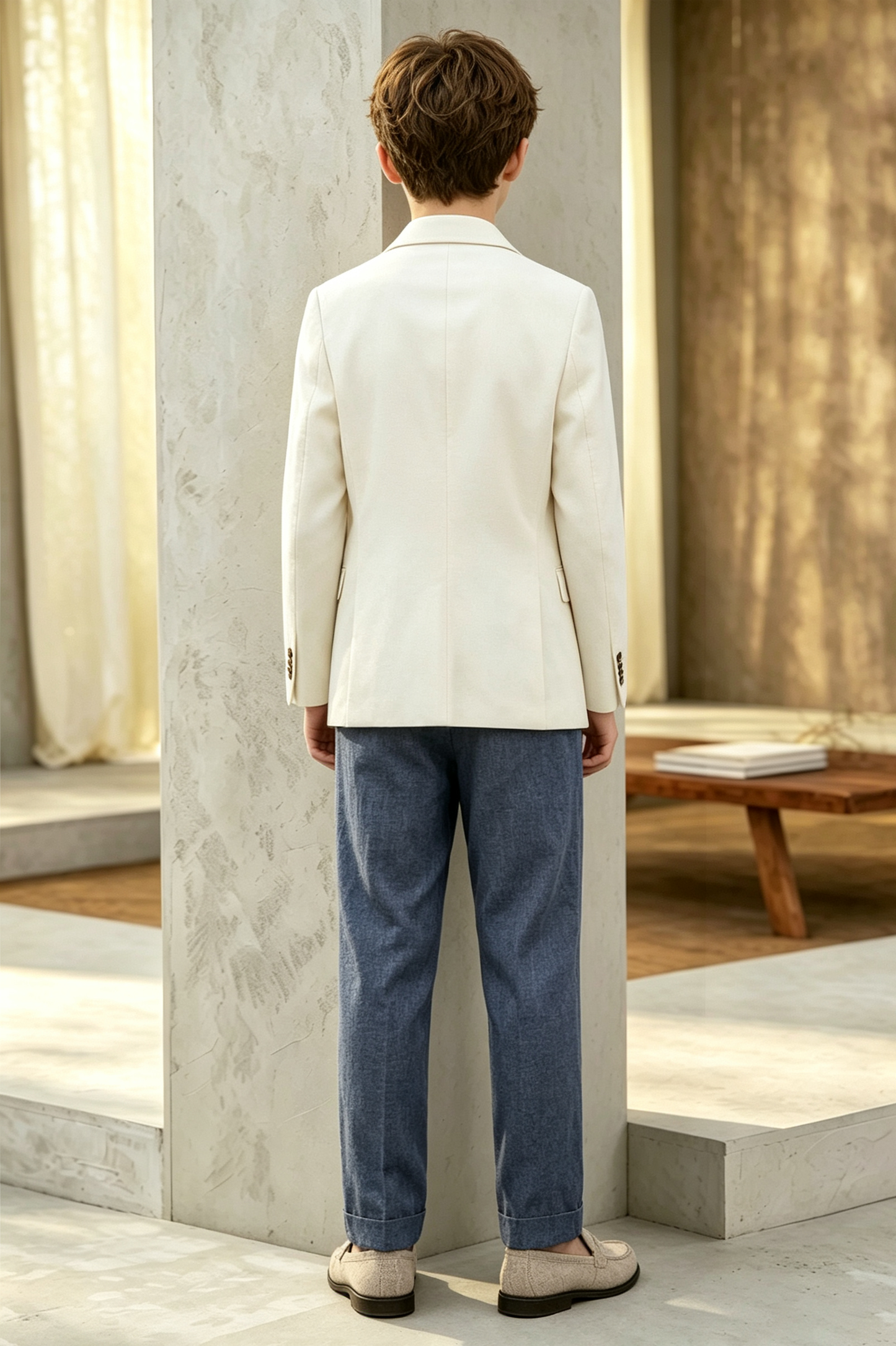 Off White & Deep Blue Cotton-Linen Blend Double Breasted Suit 2-Piece Set