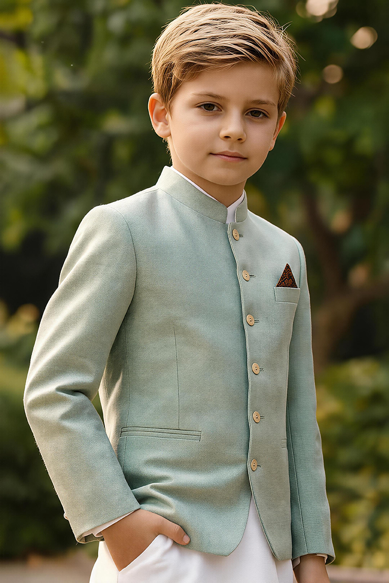 Boys Sage Mandarin Collar Textured Linen Blazer for Weddings