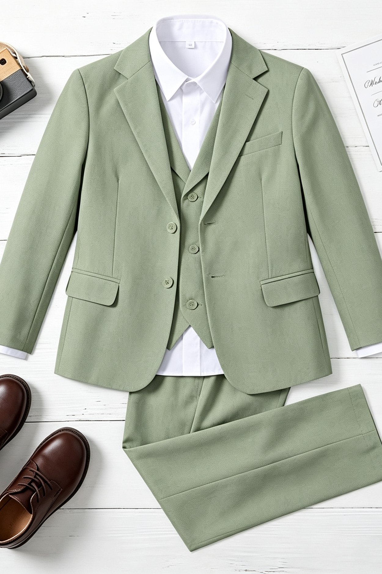 Sage Green Cotton-Linen Single Breasted 3-Piece Formal Suit Set