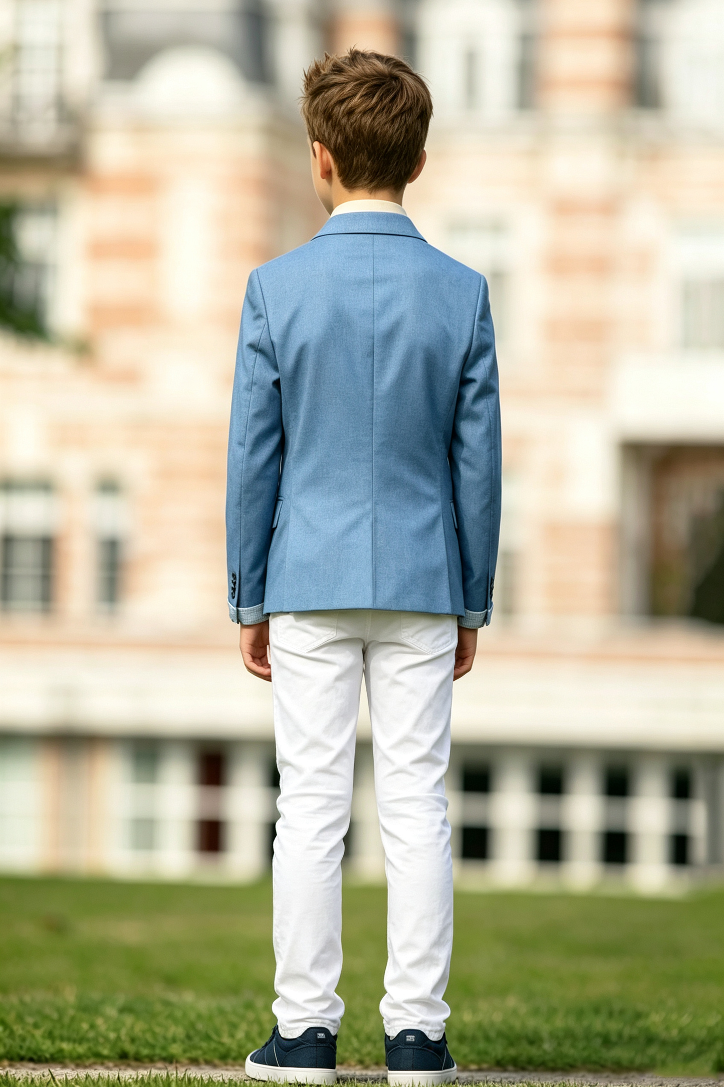 Sky Blue & White Cotton-Linen Blend Single-Breasted 2 Piece Suit Set