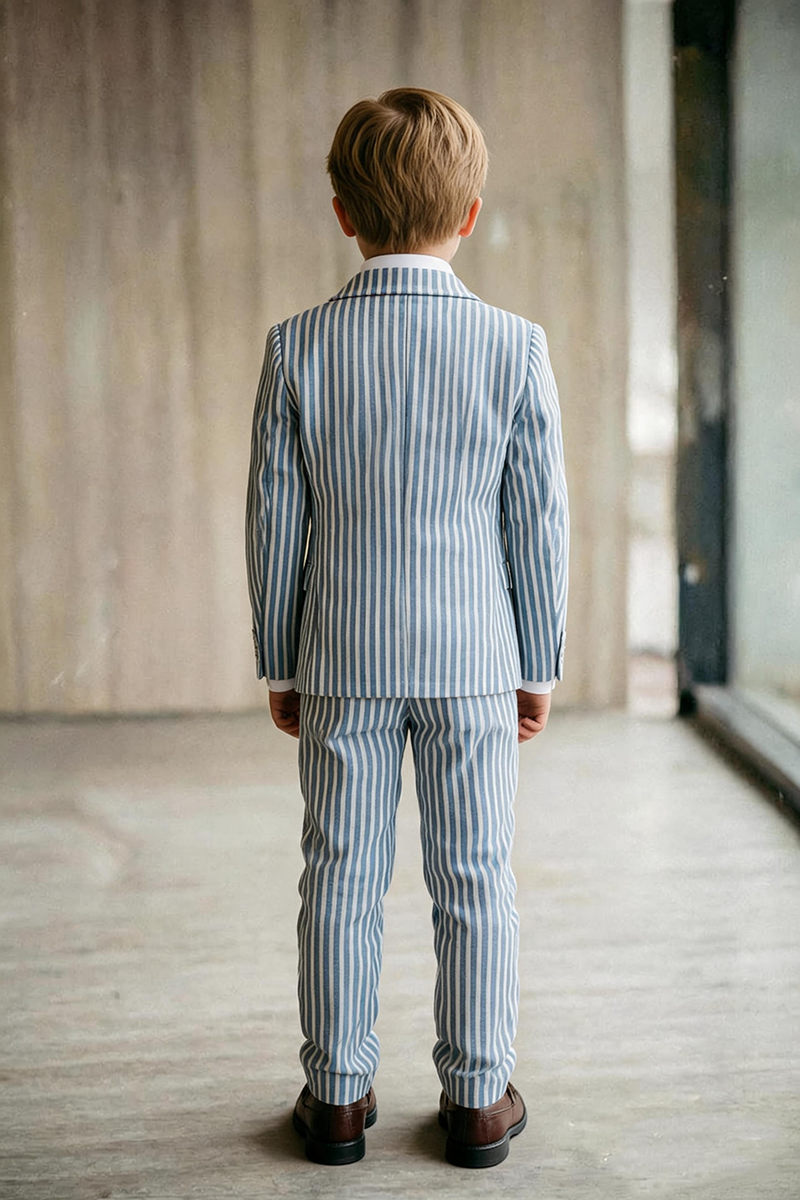 Boys Blue White Vertical Stripe Notch Lape2-Piece Suit