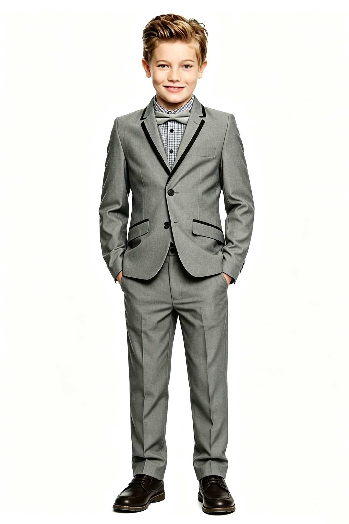 Dark Grey Cotton Linen-Blend Black Piping Trim Suit 2-Piece Set