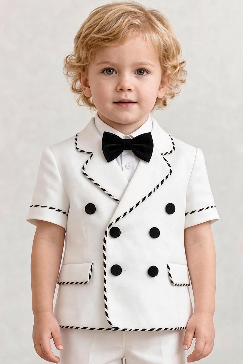Boys White Short Sleeve Double Breasted Blazer & Stitched Trim Shorts 2-piece Suit