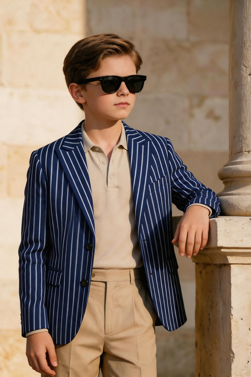 Boys Blue White Striped Notch Lapel Blazer & Khaki Trousers 2-Piece Suit