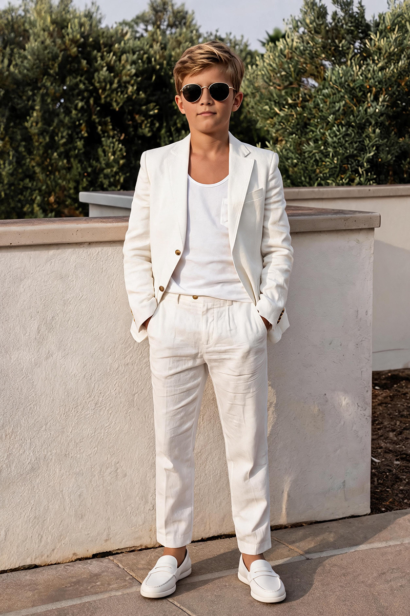 Boys Pure White Linen 2-Piece Suit for Summer Beach Wedding Formal Occasions