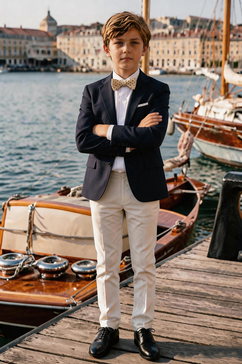 Boys Navy Notch Lapel Blazer & Cream Trousers 2-Piece Suit for Weddings