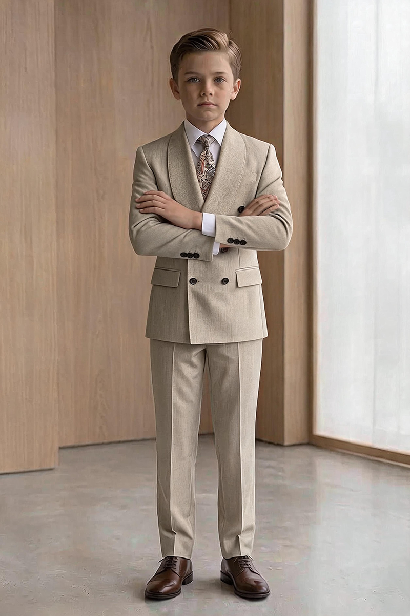Boys Beige Double Breasted Peak Lapel 2-Piece Suit for Weddings & Formal Events