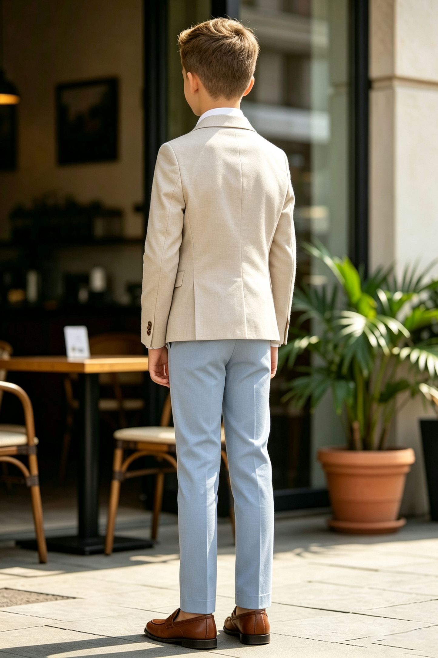 Beige & Sky Blue Cotton Linen-Blend Single Breasted Blazer 2-Piece Suit