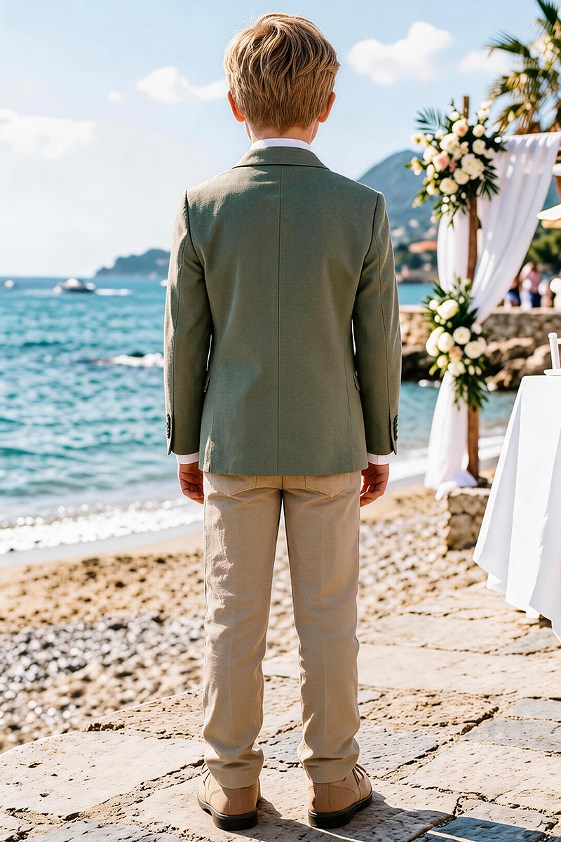 Boys Sage Notch Lapel Blazer & Khaki Trousers 2-Piece Suit for Weddings & Formal Events