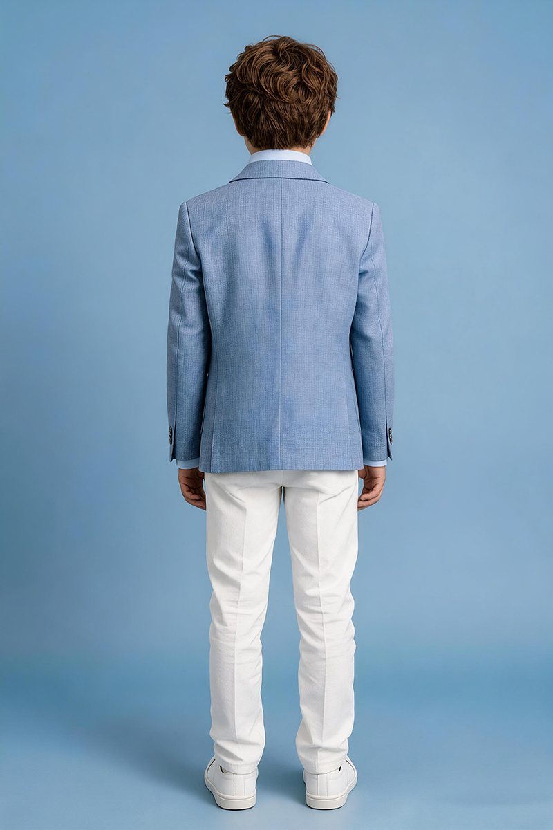 Boys Light Blue Linen Notch Lapel Blazer & White Trousers 2-Piece Suit for Weddings